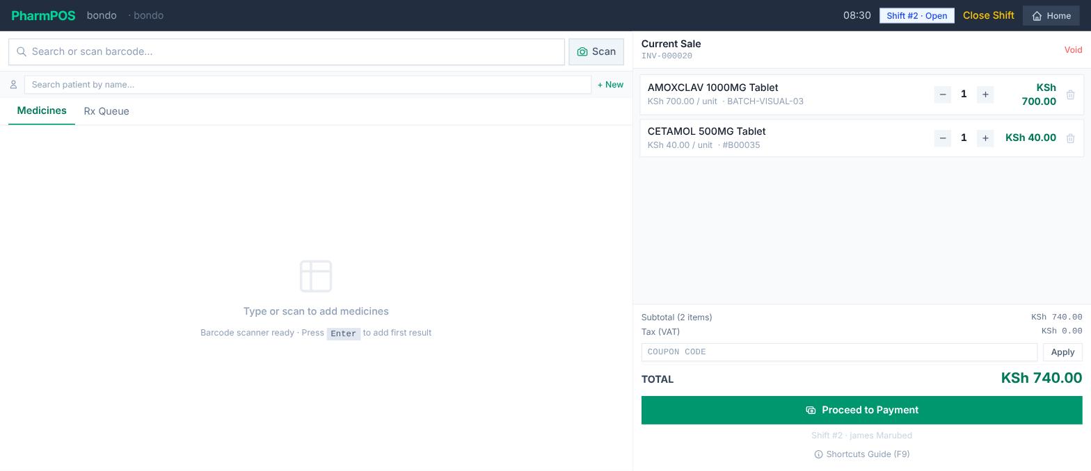 DawaTrack point-of-sale screen with a live cart, M-Pesa and cash payment options