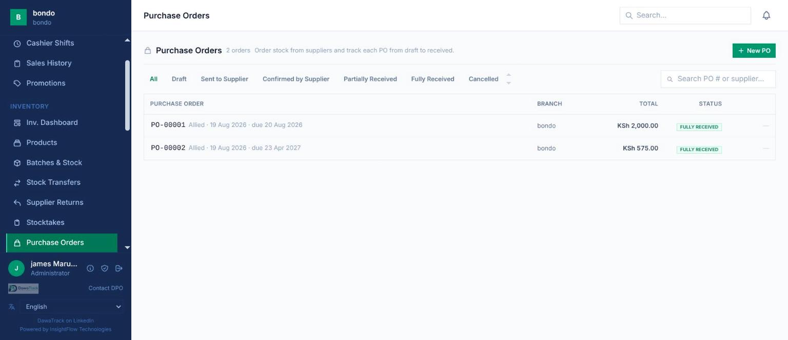 DawaTrack purchase orders list tracking each order from draft to fully received